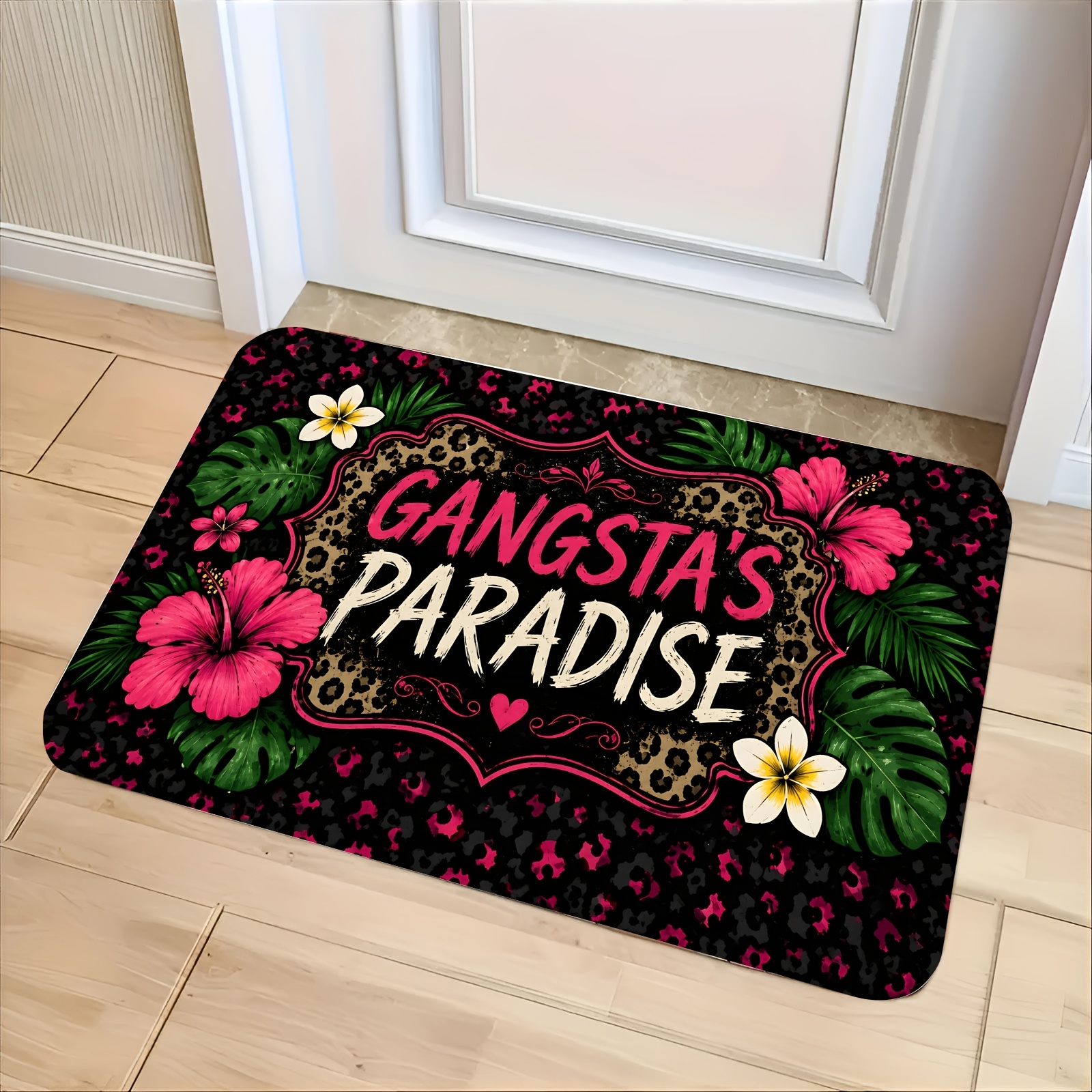 TEMU 2d Flat Flannel Material Door Mat, Outdoor Courtyard Door Mat, 's Paradise Leopard Print Floral Pattern Floor Mat, Durable, Machine Washable,