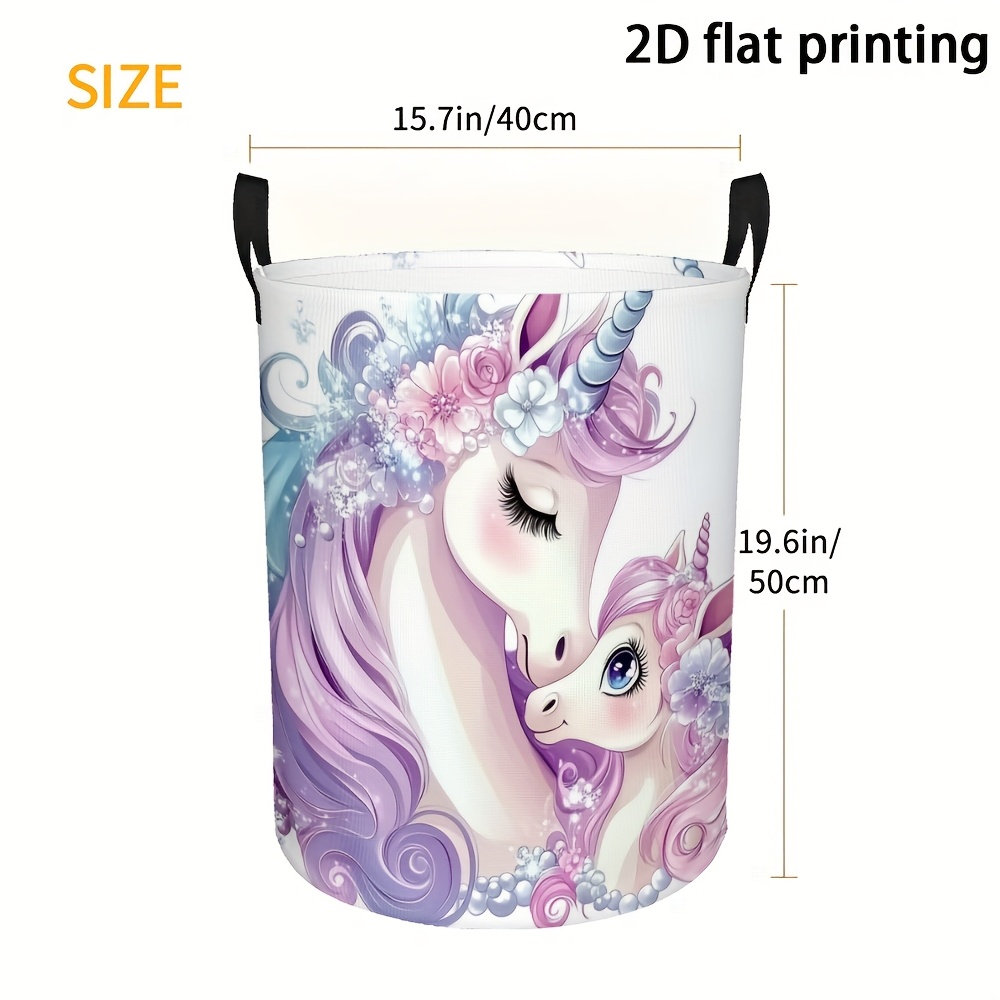TEMU 2d Flat, 2d Flat Printed Unicorn Laundry Basket - Cute Pastel Purple & Pink With Handles, Large Capacity Foldable Storage Hamper For Bedroom,