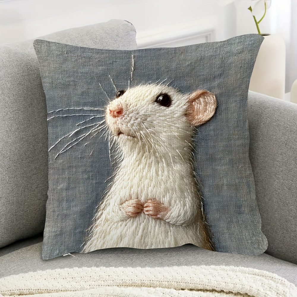 

1pc 18x18 Inch Two-side Short Plush Pillow Cover, White Rat Design, Ideal For Living Room And Bedroom Decor (pillow Insert Not Included), Embroidery, Dcad1383