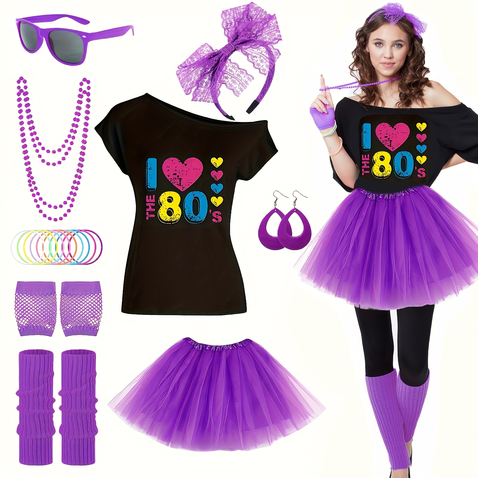 18pcs 80s prom dress set 80s t shirt short skirt glasses - Temu Mauritius