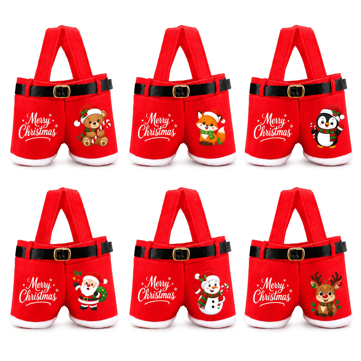 Image of 6pcs Santa Claus Trousers Gift Bags - 6pcs Different Pattern Designs With Golden Buckles, Ideal For Holiday Decor, Party Favors, And Home/kitchen Decoration, Christmas Decor, For Christmas