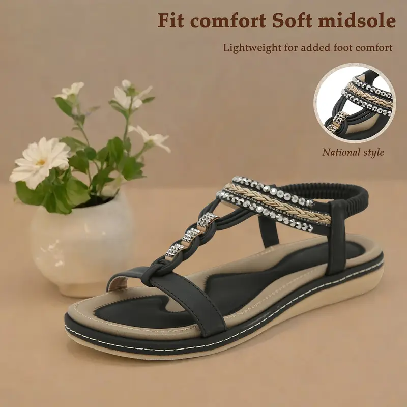 womens bohemian flat sandals elastic ankle strap open toe summer with pu cover upper rubber sole comfortable casual dressy footwear for casual attire strappy sandals comfortable footwear durable traction footwear vacation shoes stylish footwear lightweight construction vacation essentials Product details 1