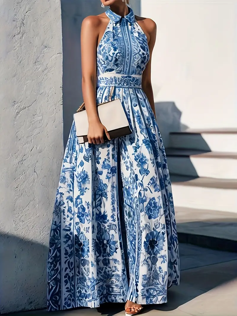 womens a line loose fit sleeveless maxi dress with floral print lapel collar and split joint design spring summer and vacation casual wear cute dress Product details 0