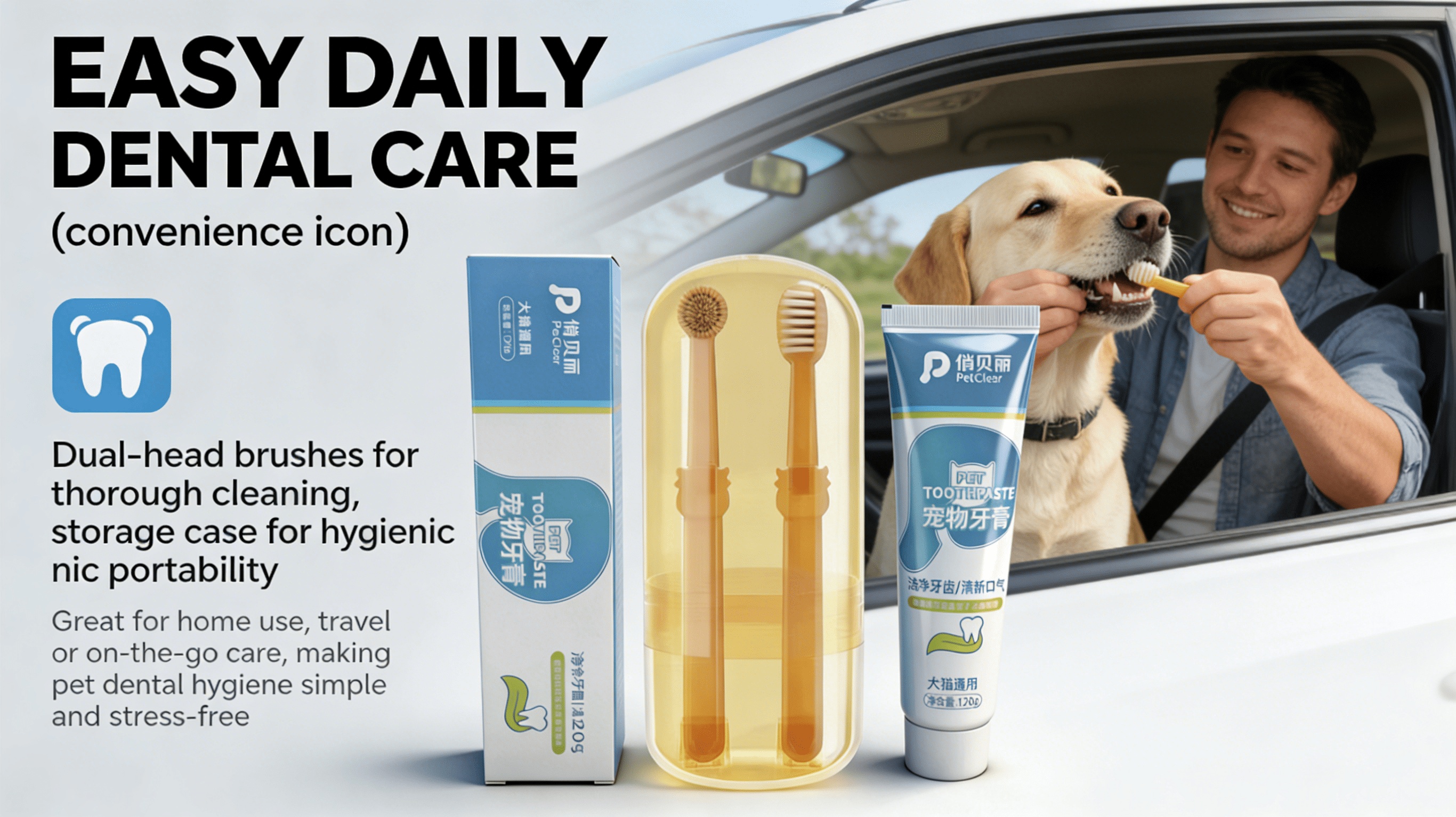 Pet Toothpaste And Toothbrush Set, Universal for Dogs And Cats, Dual-Head Design, Teeth Cleaning, Fresh Breath, Portable Storage Box