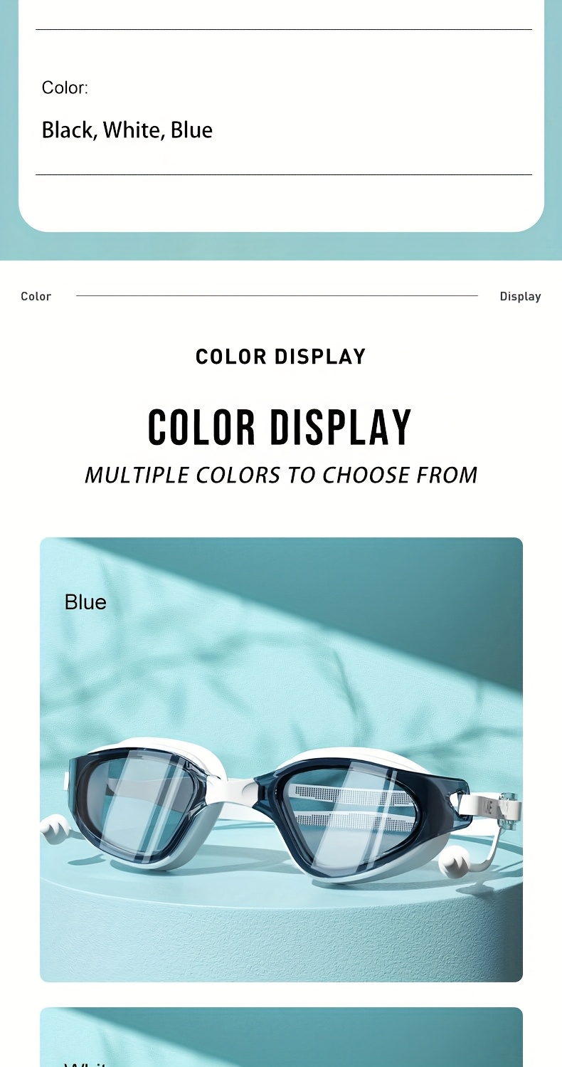 Adult high-definition swimming goggles, made of durable PC material, leak proof, with non fogging lenses and a frame design that provides a wide field of view. Available in black, white, and blue, unisex