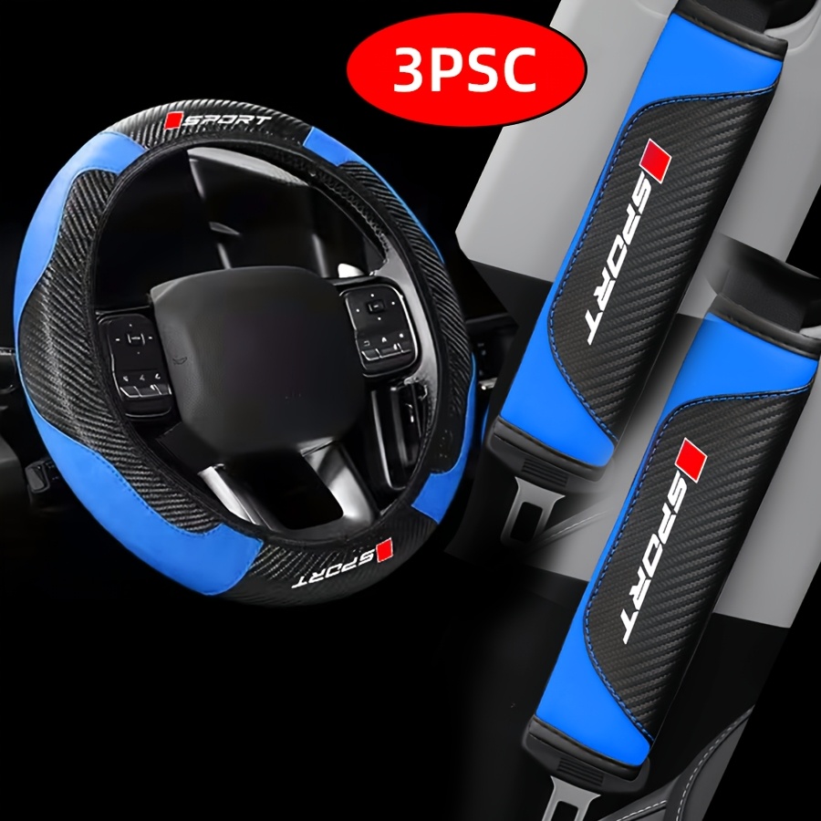 TEMU 3pcs Sport-print Carbon Fiber Pattern Car Interior Set, Including 1 Steering Wheel Cover And 2 Armrest Covers, Sporty Car Interior, In Multiple
