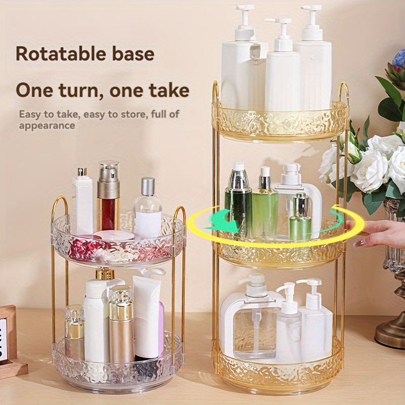 

Luxury 360° Rotating Makeup Organizer - Large Capacity Cosmetic Storage Box With Golden Metal Bracket And Tray For Lipstick, Perfume, Nail Polish - Space-saving Dresser Accessory