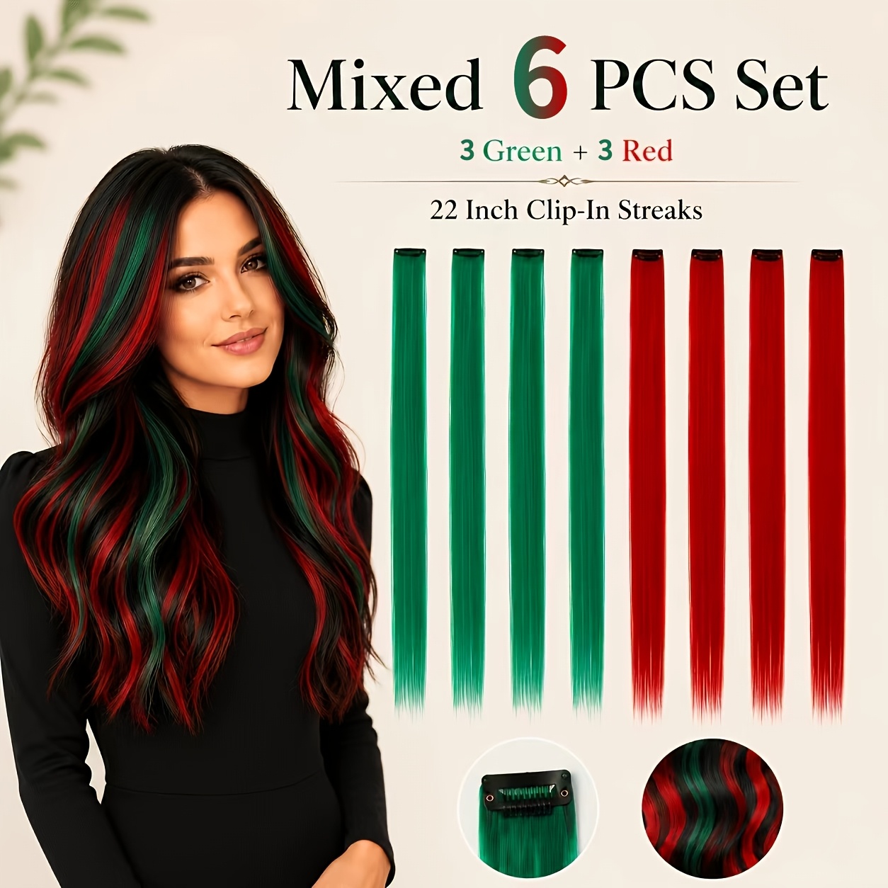 TEMU 6pcs Red And Green Dual-tone Clip-on Christmas Wig Pieces, -on Colorful Straight Hair Extensions, With Christmas Atmosphere Hair Additions, 1pc