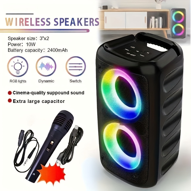 item picture portable wireless speaker with a microphone and a subwoofer featuring a built in 2400mah battery disco lights version 5 0 dual 3 inch wireless subwoofers fm mp3 tws wireless   and tf card   capabilities making it