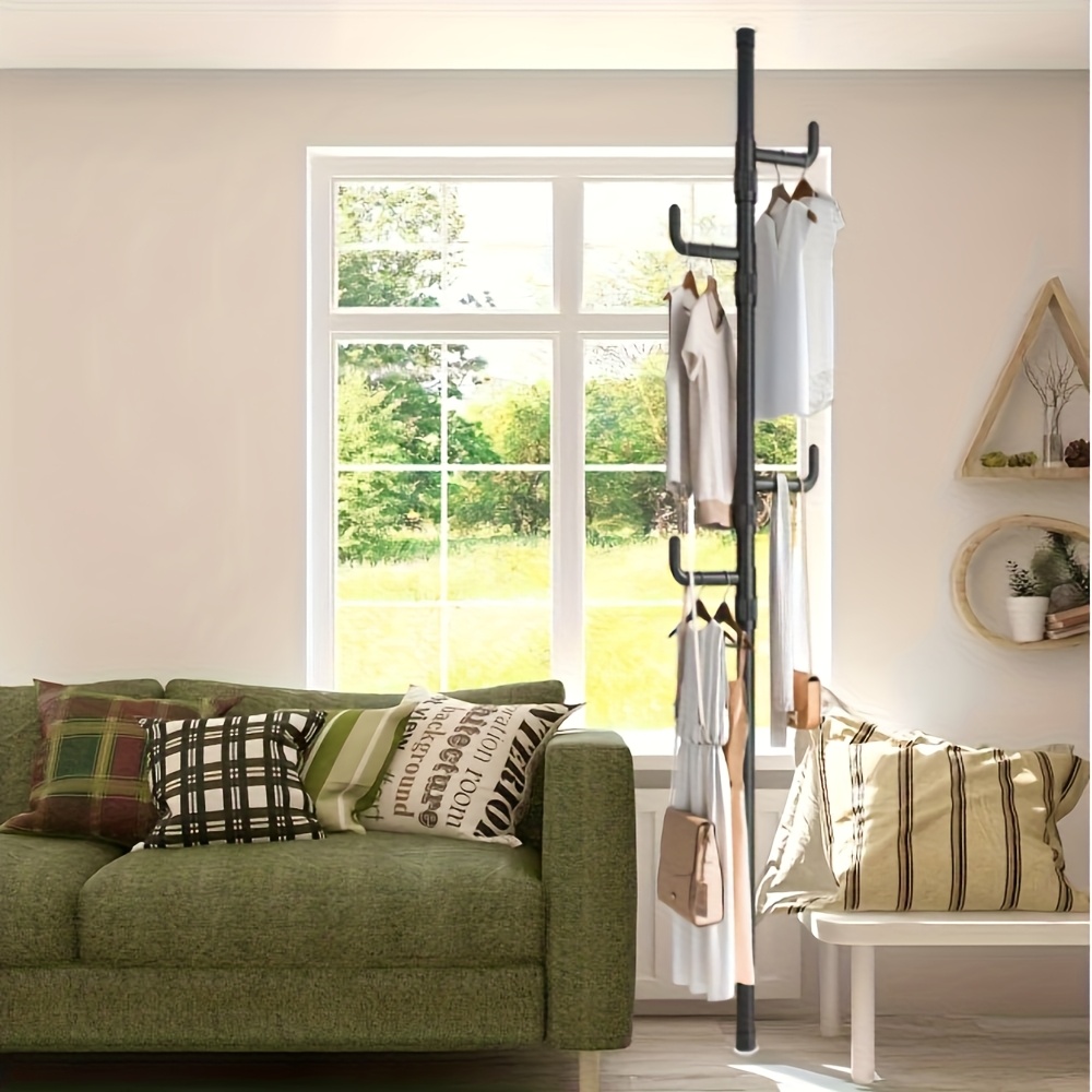 Adjustable Height Clothes Rack Rod with 4 Hooks, No Installation