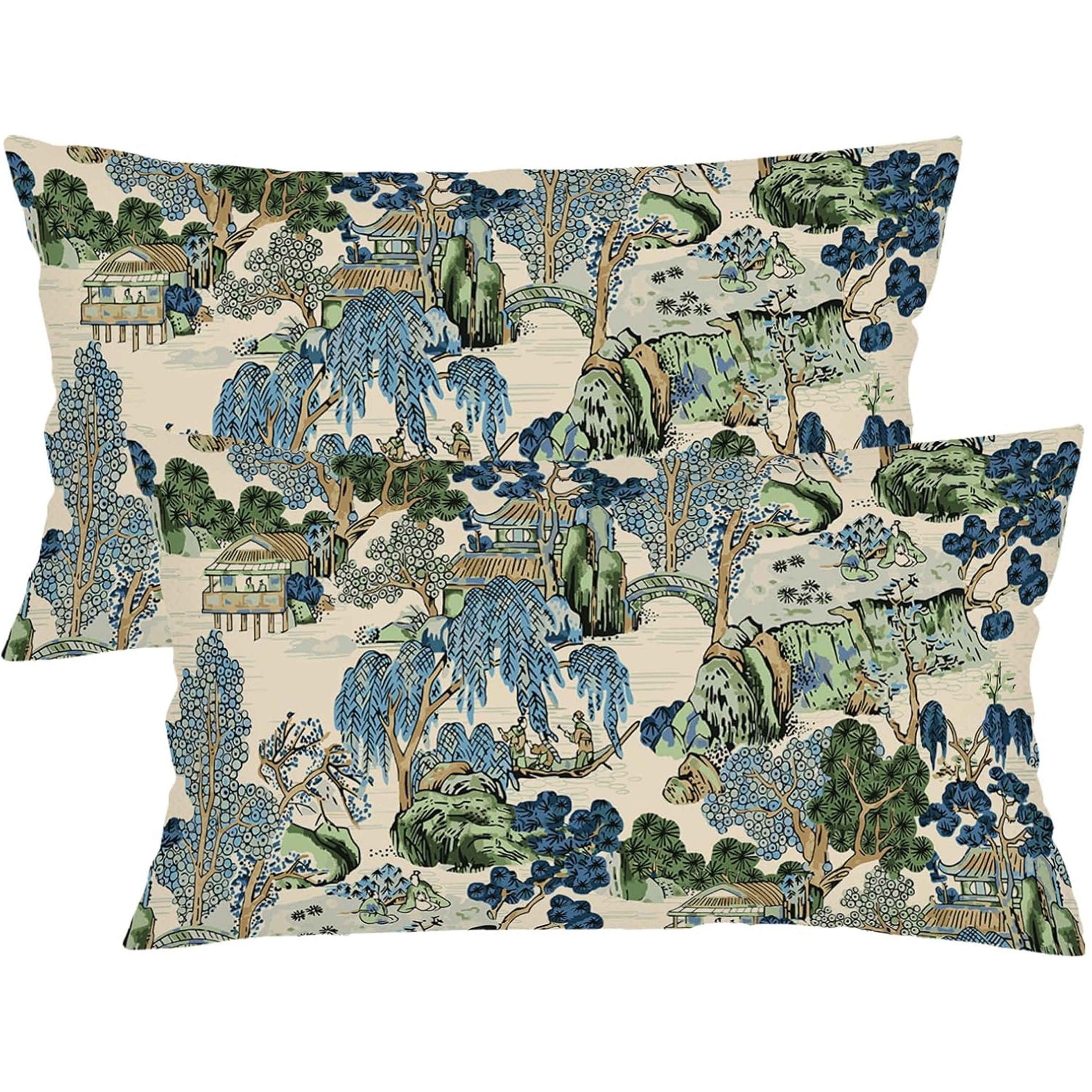 

2pcs Linen Chinoiserie Throw Pillow Covers 12x20 Inch - Asian , Zippered Lumbar Cushion Cases For Sofa, Patio, Bed - Machine Washable Farmhouse Decor (pillow Not Included)