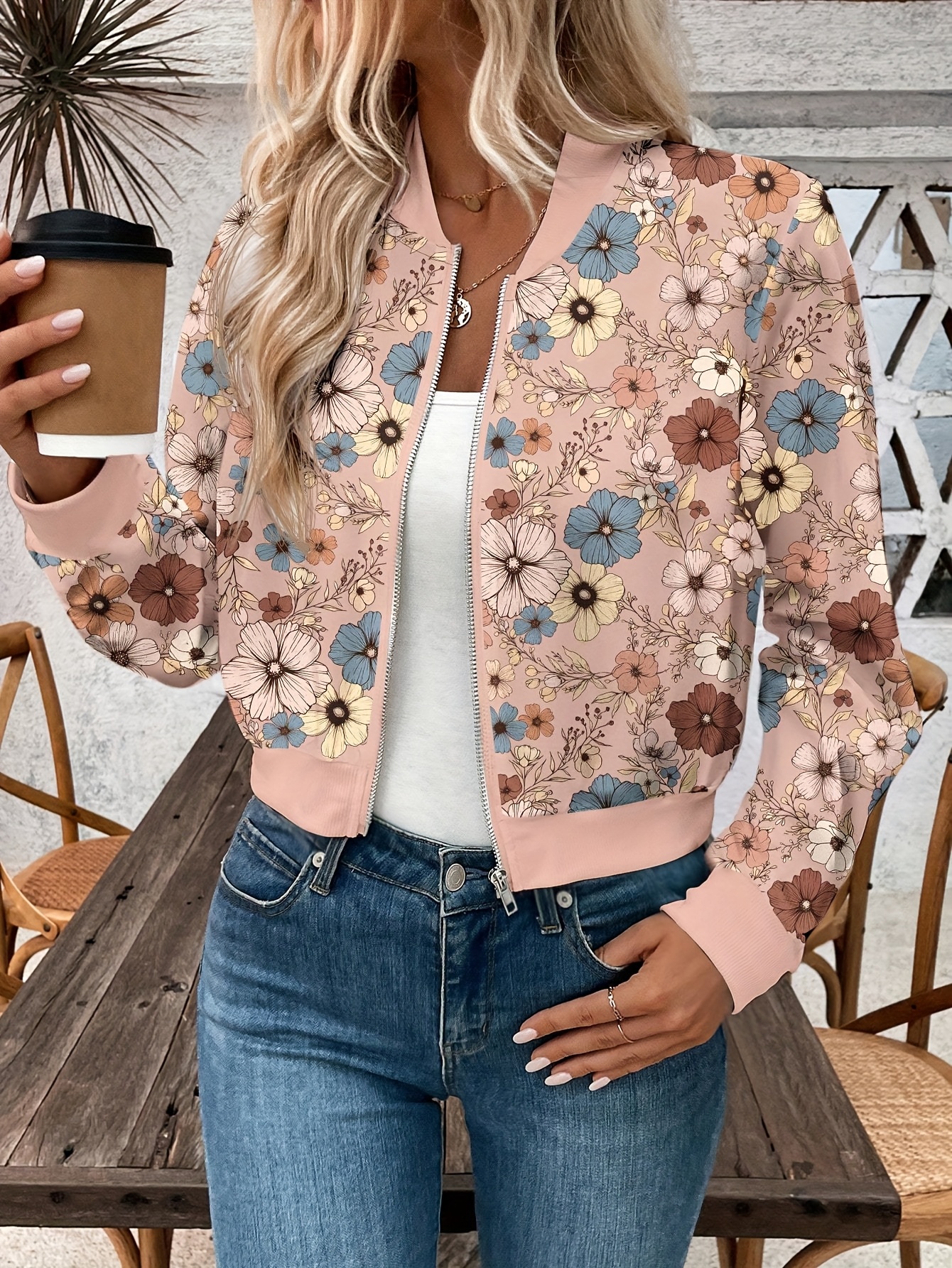 womens elegant floral   jacket lightweight polyester round neck long sleeve   versatile outerwear with   design casual wear jacket floral print jacket lightweight jacket multicolor 2
