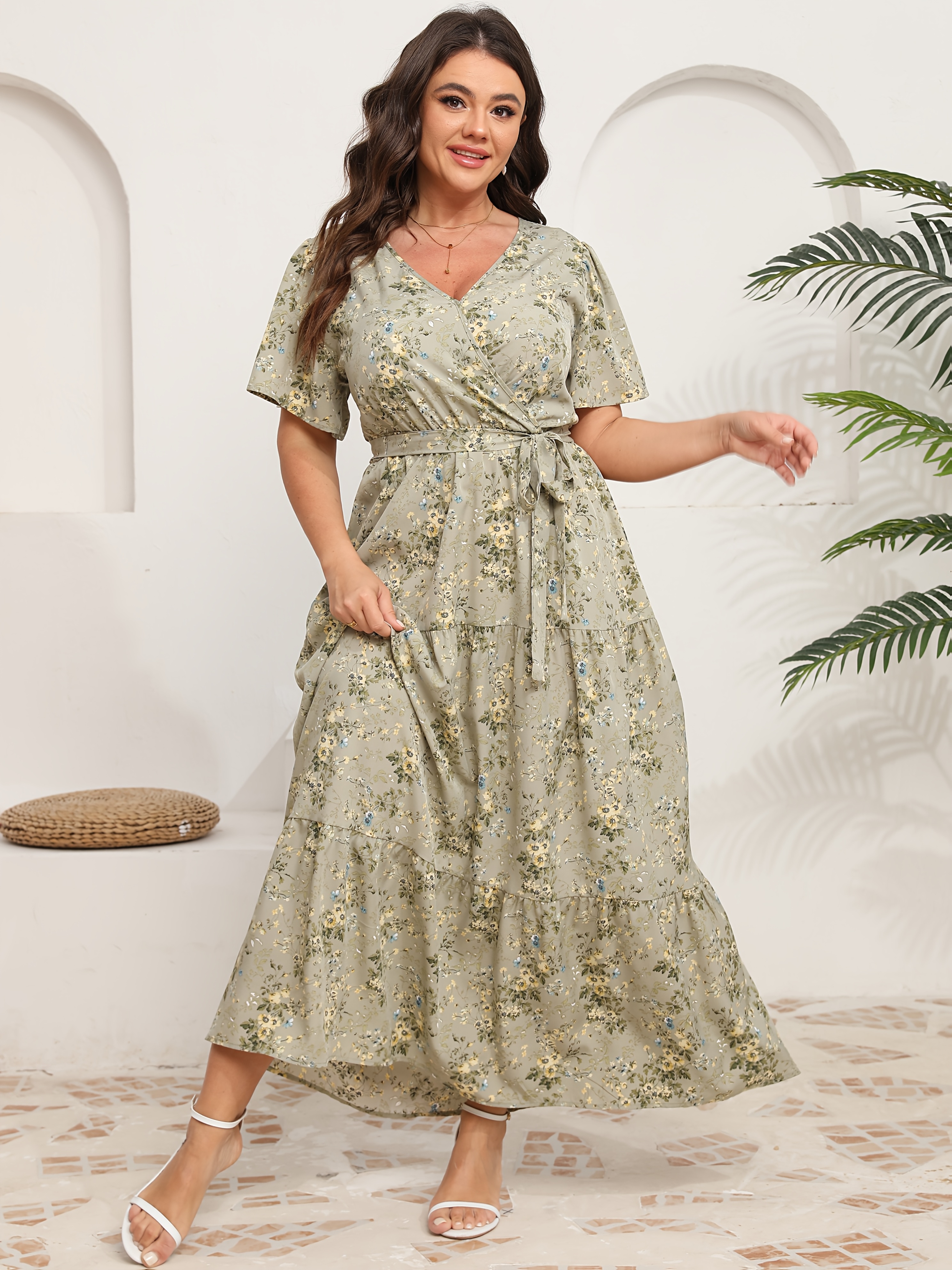 women plus size v neck wrap maxi dress high waist casual - Temu