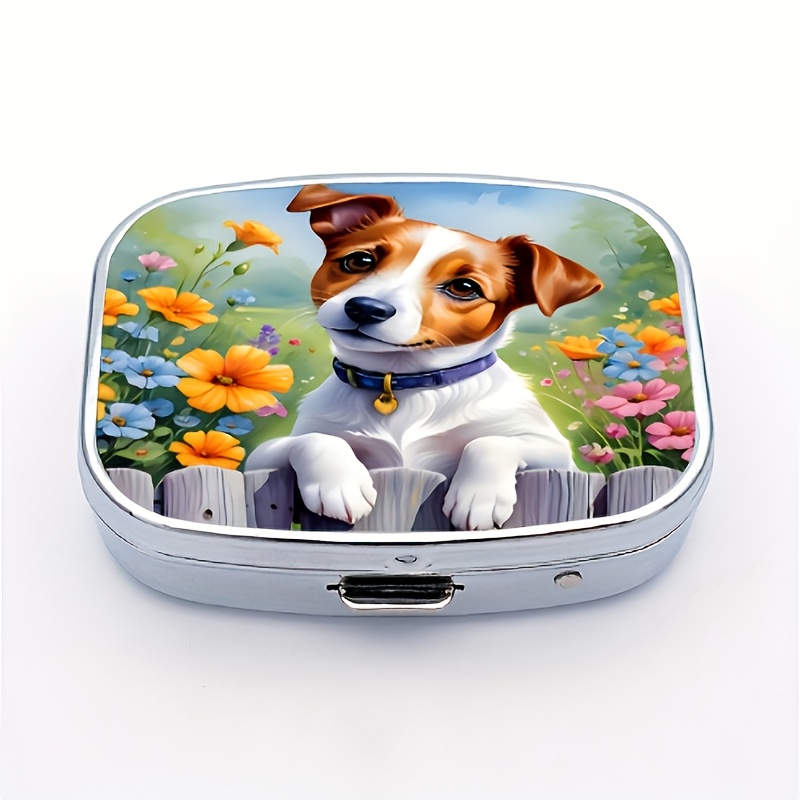 1pc Convenient Cute Little Dog Square Medicine Box, 2 Medicine Storage Compartments, Portable Metal Medicine Box, Suitable For Pockets And Handbags, Ideal For Travel And Daily Use, Unique Gift