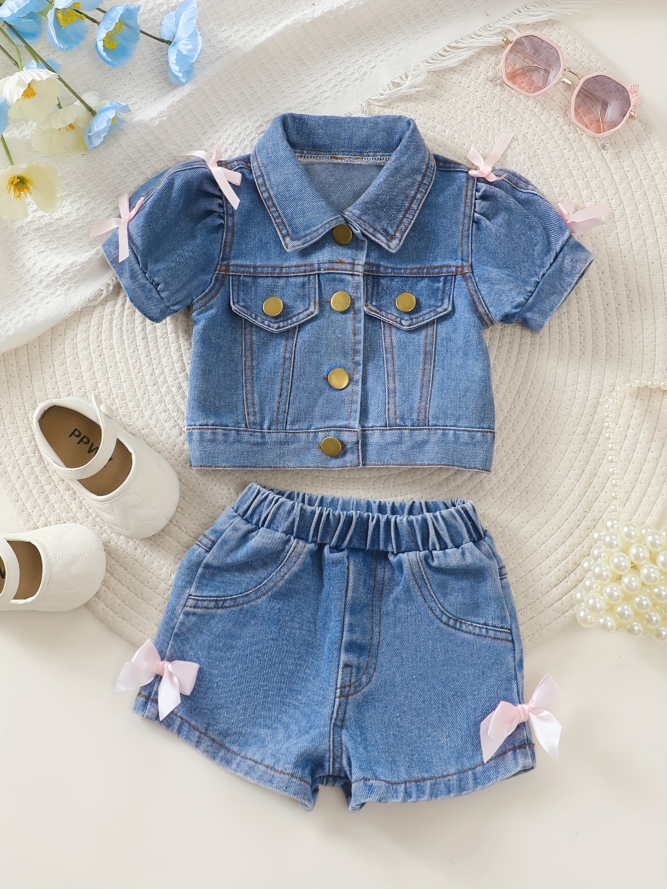 Cute Girls Clothing Cute Short-Sleeved Shorts Denim Set Cute Pink Bow + Cute Buttons Casual Play Traveling The   and   Outfit   the Best Gifts  ,   Outdoor