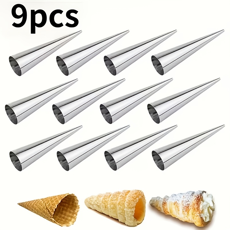 TEMU 9pcs Stainless Steel Cream Horn Molds - Spiral Croissant Conical Tubes For Baking Pastries, , Desserts - Essential Kitchen Baking - Large