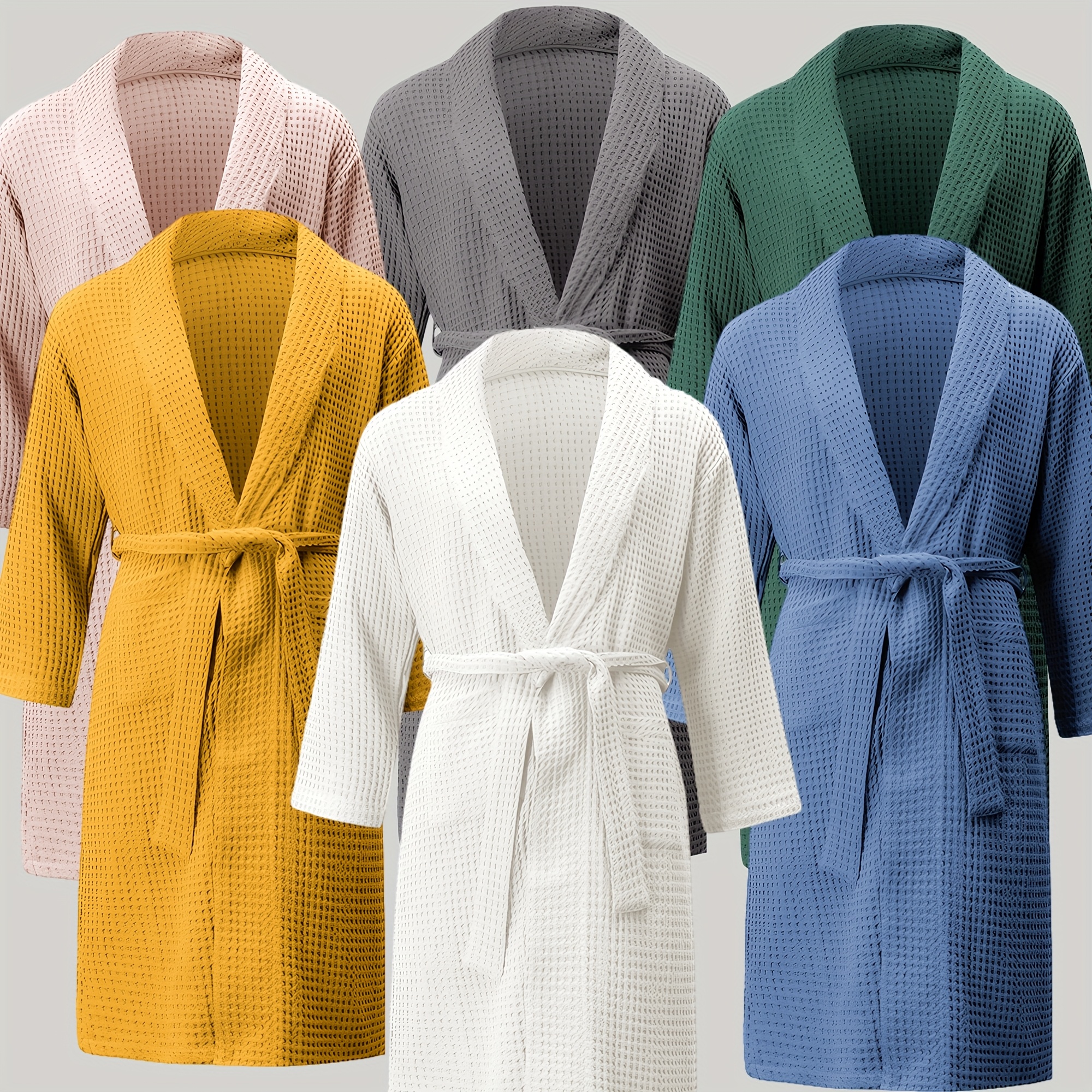   cotton waffle weave bathrobe lightweight   m long sleeve   absorbent breathable solid color with   grid pattern machine washable for spring summer fall seasonal robe versatile bathwear quality bathrobe