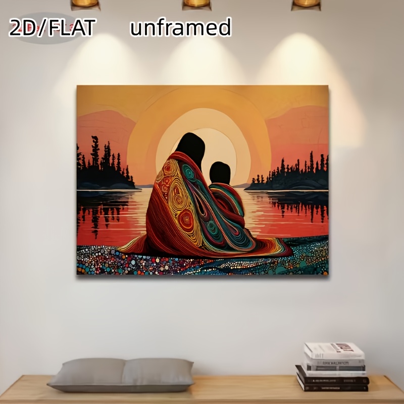 TEMU sur toile plat 2D, 1 mère et enfant au coucher - Contour de famille et sur le , Art mural de naturel , Orange chaud, Rouge, Jaune, Bleu, Vert -