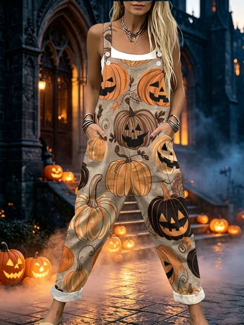 item picture womens leisure overalls squash gourd jack o lantern winter squash arts produce sleeveless button design with pockets suitable for vacation and daily wear loose fit