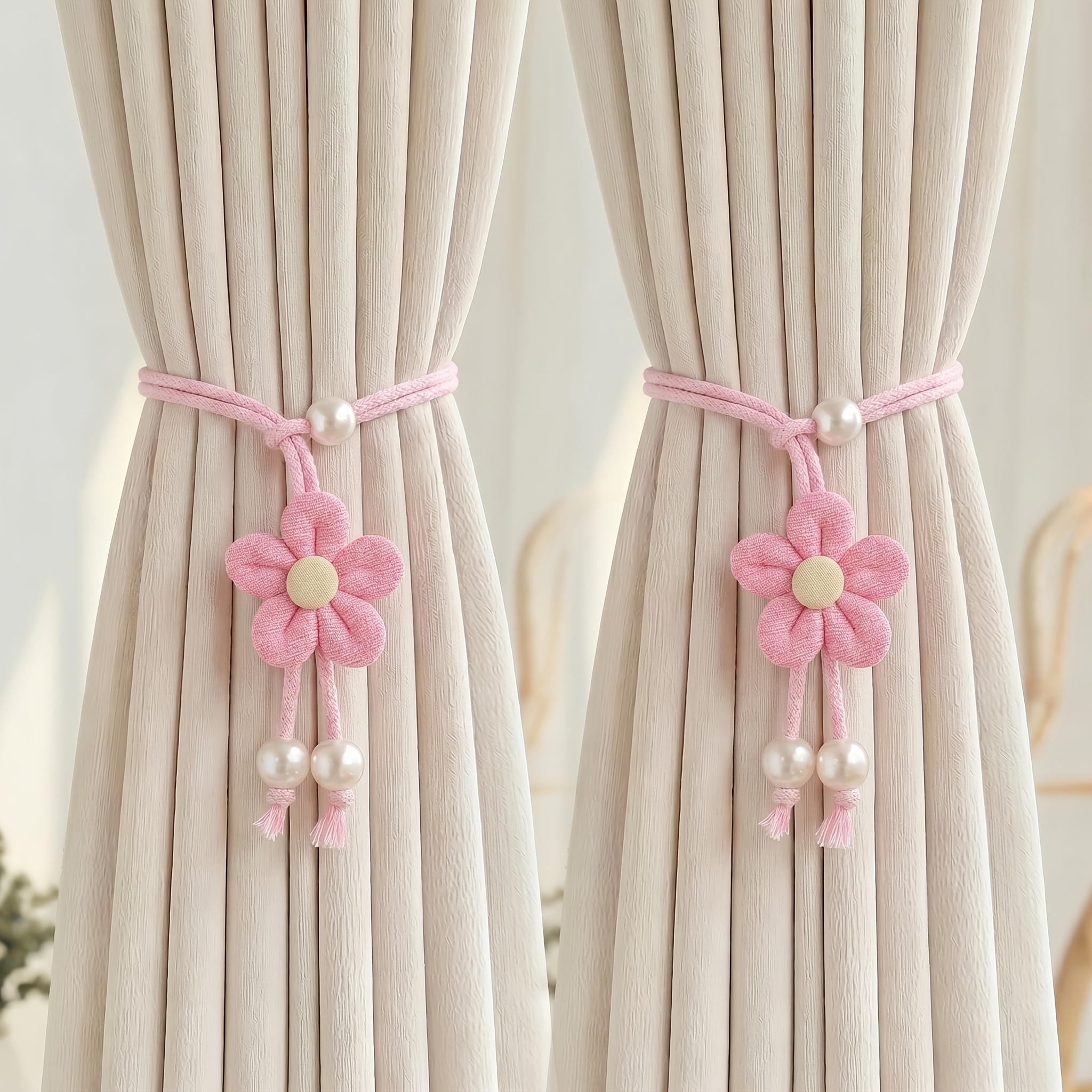 2pcs - Elegant Small Floral Adjustable Curtain Tiebacks, Pearl Decorations, Durable And Curtain Additions, Suitable For Sheer Curtains And Drapes