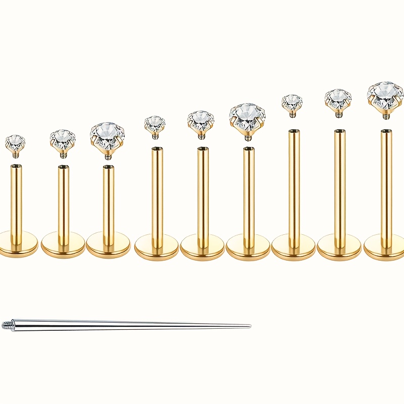 TEMU 10pcs Set Of 16g Surgical 304 Stainless Steel Ear Cartilage Piercing Jewelry, Featuring Internal Thread Cz Flat-back Lip Studs, Skeleton