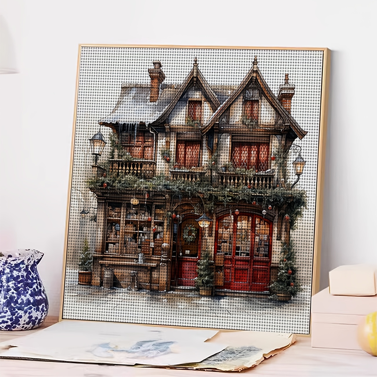 Cross Stitch Printed Kit, Frameless, Christmas Decor Small Shop Pattern