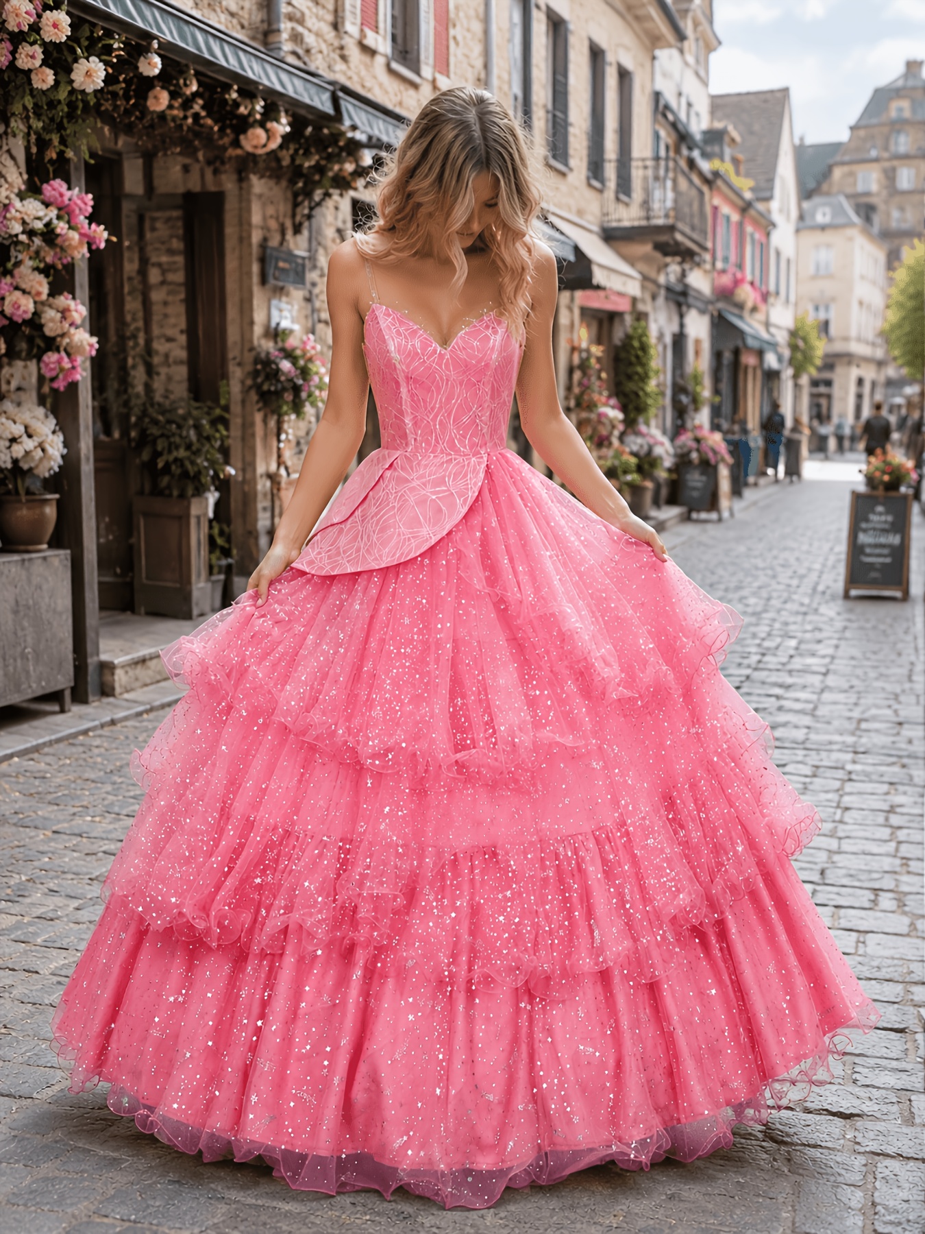 pink ruffle tulle dress Pink Tulle Strapless Tiered Long Train Wedding Dress, Ivory / Dress Only