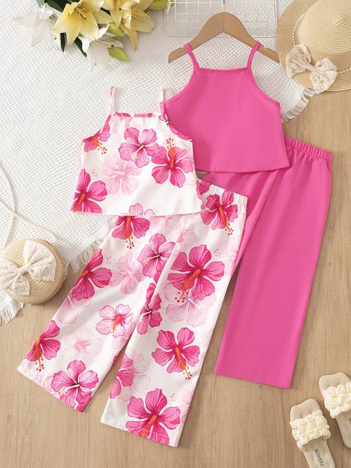 conjunto de 4 piezas para niña: chaleco camisero, pantalones de pierna ancha con estampado floral, estilo vacacional, conjunto casual de playa y verano, y lindo, para exteriores