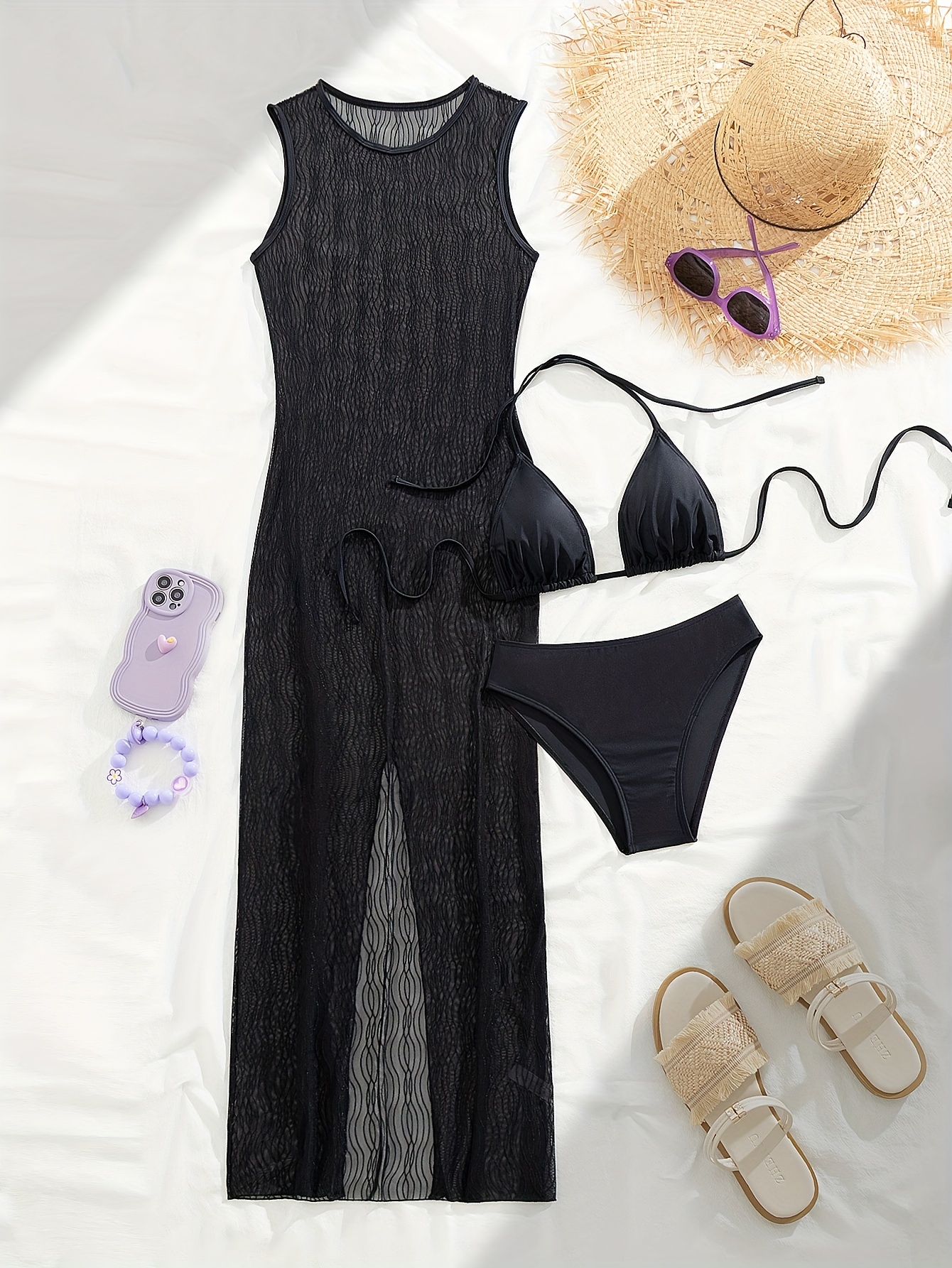 sexy swimwear three piece set with hollow mesh and sheer dress