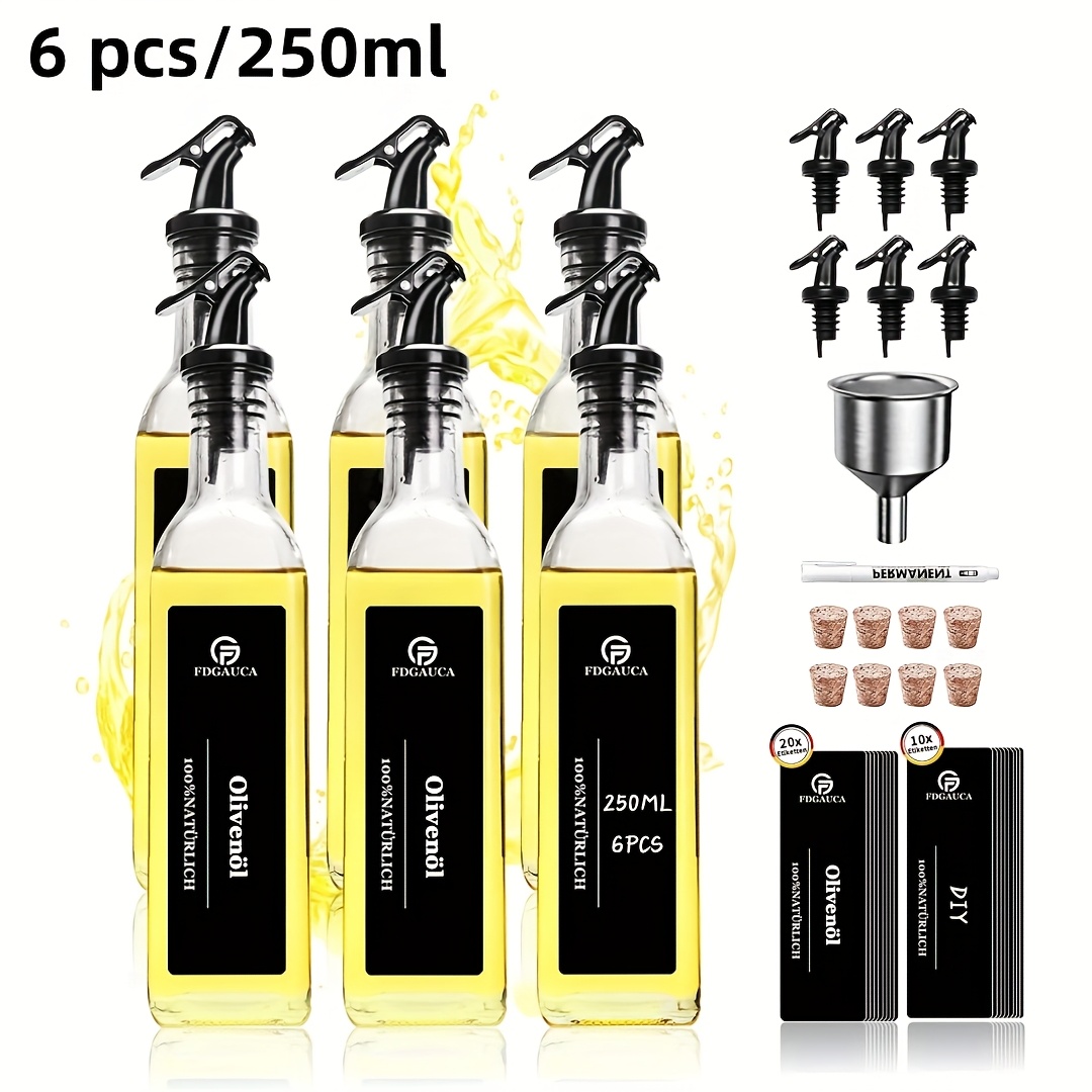 TEMU 6pcs Vinegar Oil Bottles, High Transparent Glass Oil And Vinegar Dispenser, With Black Labels, Oil Dispenser Set, For Organised Storage Of