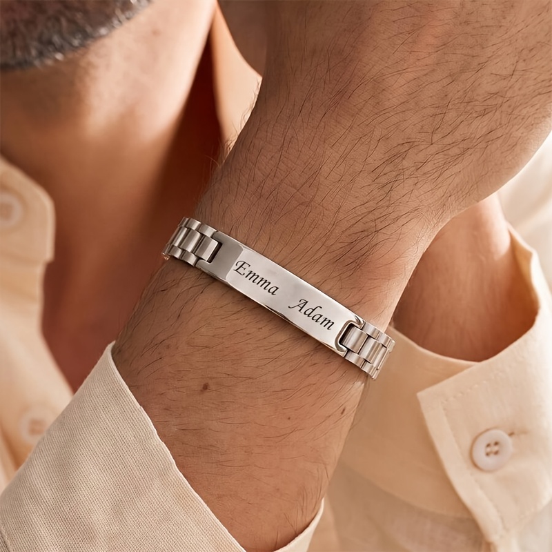 TEMU Pulsera con personalizado, placa grabada con una inscripción corta, acero inoxidable 304, accesorios de negocios para hombre, joyería de lujo