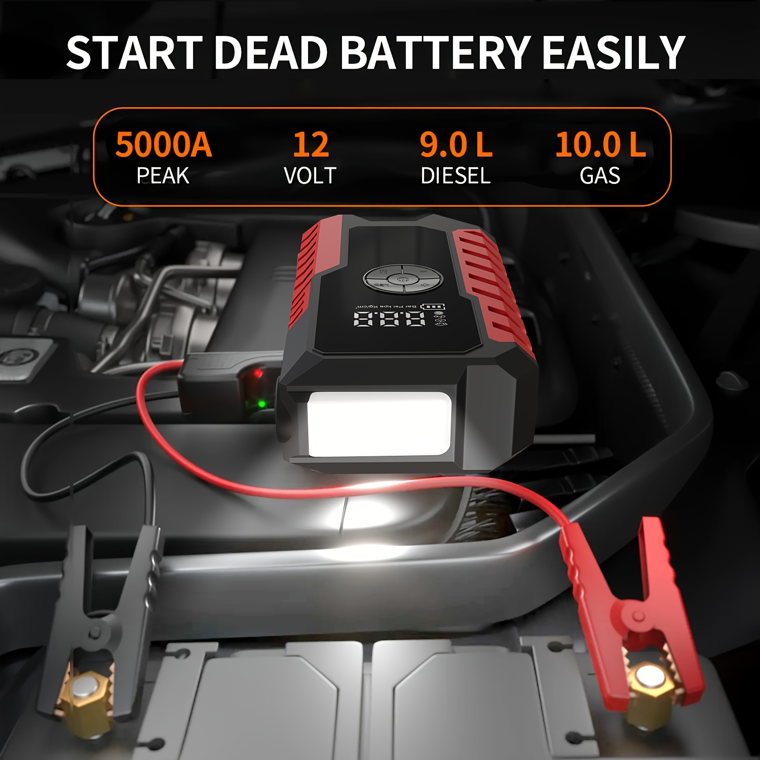 

5000a Power With Air Pump, 6-in-1 With 150psi Start Pack With Digital Tire Inflator, Portable Battery , Compatible With 2.64 Gallon .38 Gallon Diesel Fuel, Power Portable