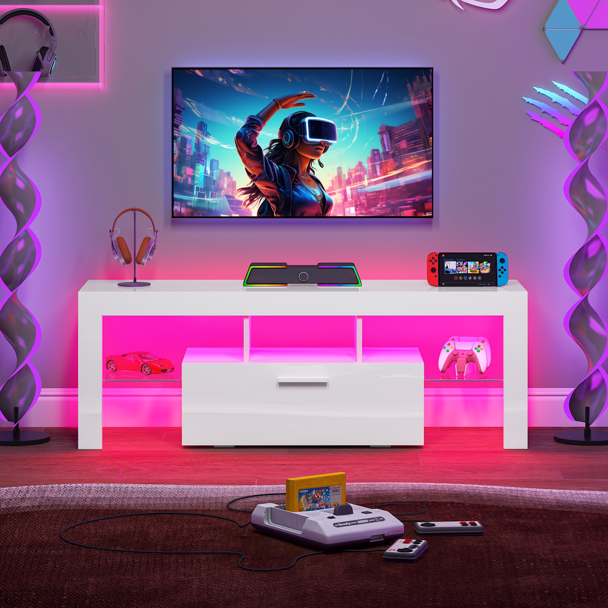 71" High Gloss White TV Stand with LED Lights for 55/65/75/80 Inch TVs, Gaming Entertainment Center with Cabinet for PS5, Modern Media Console Table with Glass Shelves for Living Room, Game Room, Bedroom - Image 4