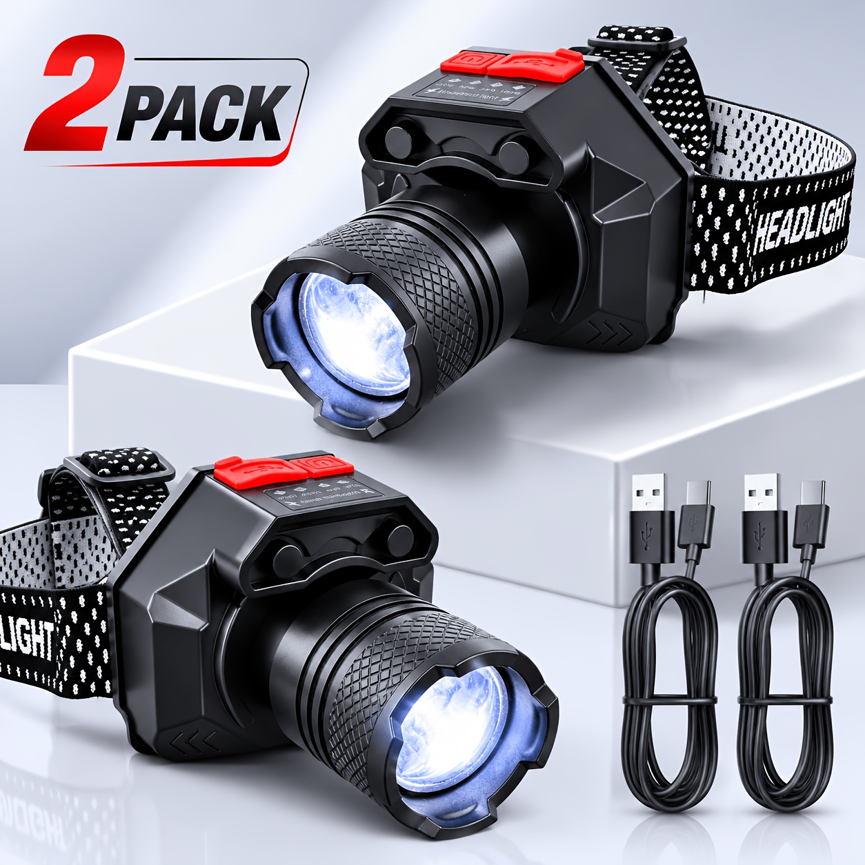 TEMU 2-pack/4-pack Nieuwe Ultraheldere LED Telescopische Zoom Hoofdlamp, Enkele Eenheid met 1200mAh Lithiumbatterij met Hoge Capaciteit, Type-C