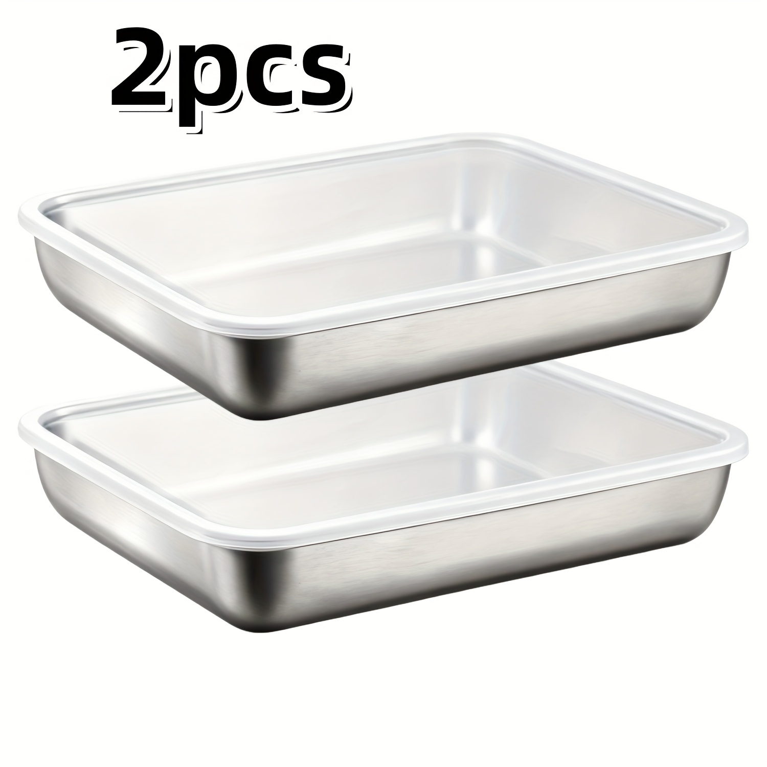 item picture set of 2 stainless steel food storage containers measuring 30x24cm featuring plastic lids ideal for   and catering   reusable baking trays are stackable and   storing dumplings meat vegetables fruits and cakes