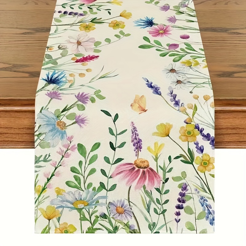 

1pc, Table Runner, Daisy Eucalyptus Leaves Lavender Floral Pattern Table Runner, Spring Theme Seasonal Kitchen Dining Table Decoration For Indoor, Party Decor, Spring Theme Decor