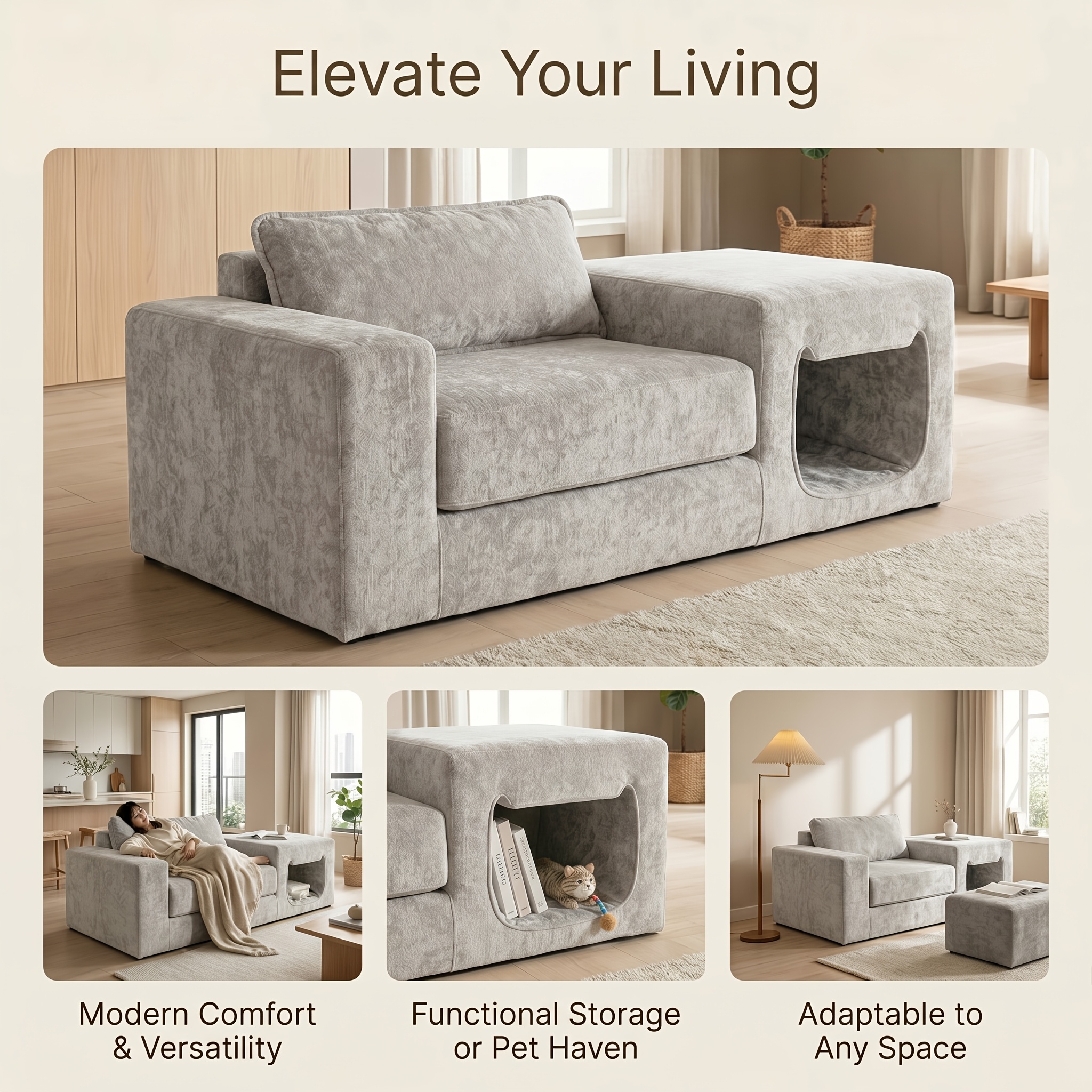 Comfy Deep-Seat Single Sofa with Exclusive Pet Resting Space, Made of High-Density And High-Resilience Foam. No Assembly Required, Multifunctional Modular Design, Suitable for Various Home Interior Decoration Scenarios
