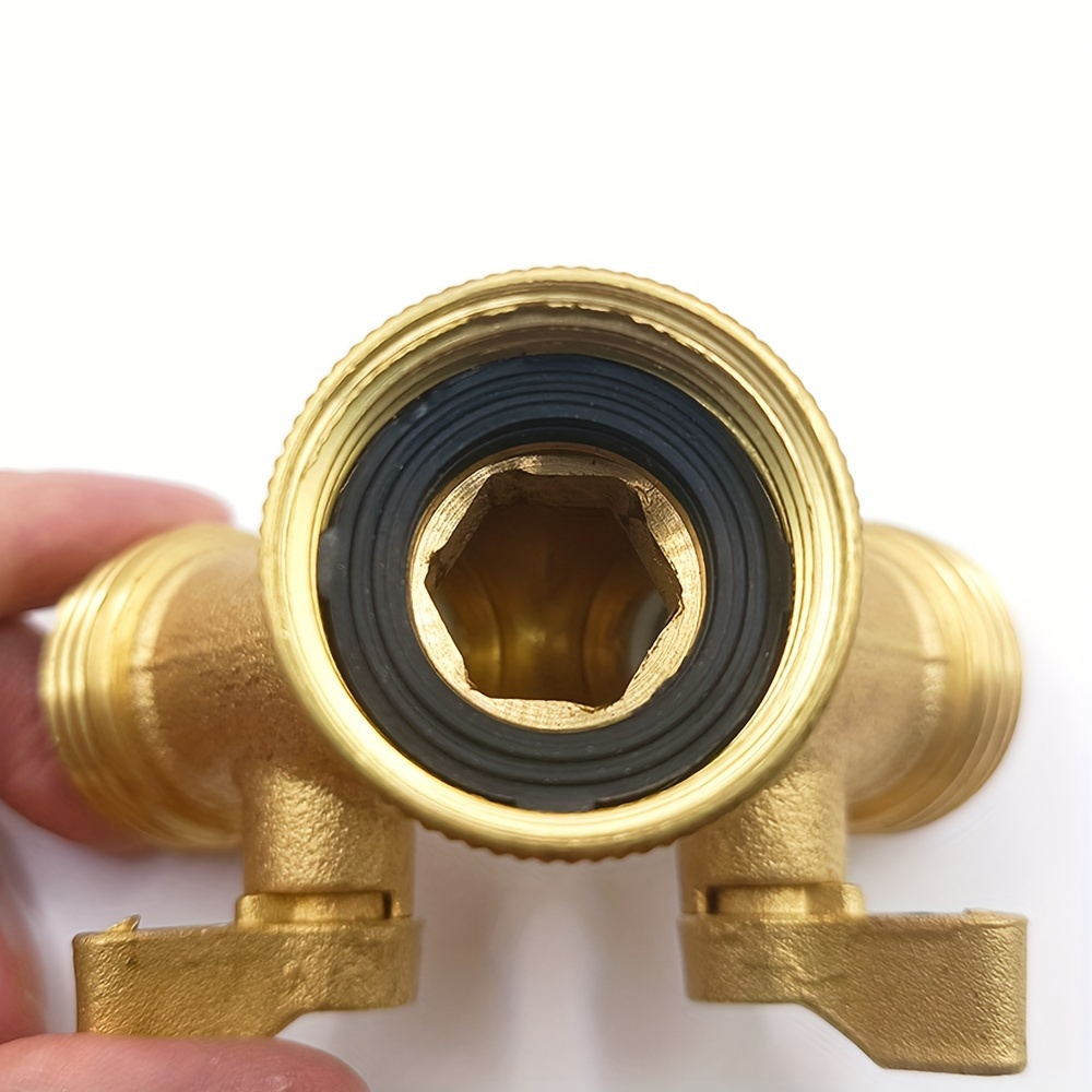 A Solid Brass Heavy-Duty Dual-Direction Y-Shaped Water Faucet Diverter, Weighing 166G, Made of Brass, Featuring a Garden Hose Splitter with Two Outlets And a GHT 3/4 Connector Valve, Includes Two 3/4