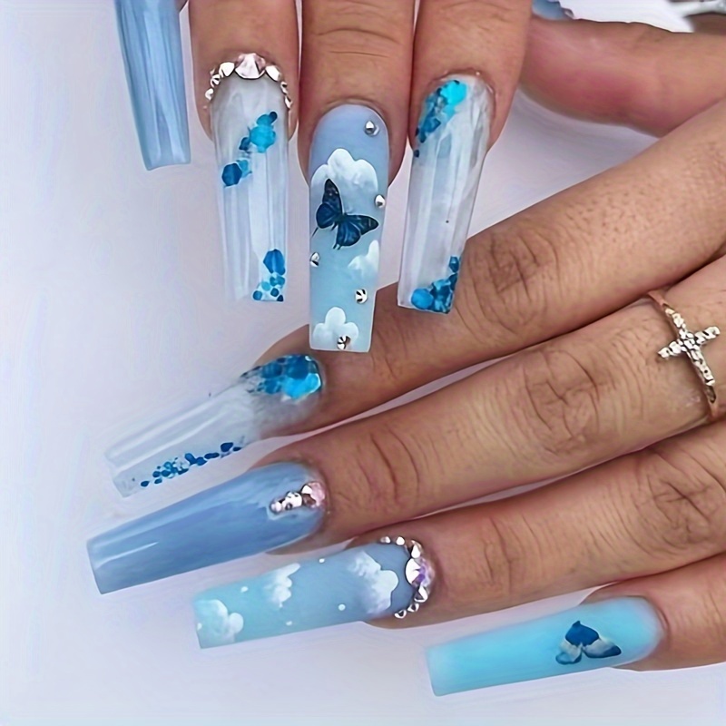 

24pcs Press-on Nails Kit, Long Coffin Fake Nails With Blue , Rhinestones Accents, Full Cover Nail Tips, Jelly Glue & Manicure Tool Set Included