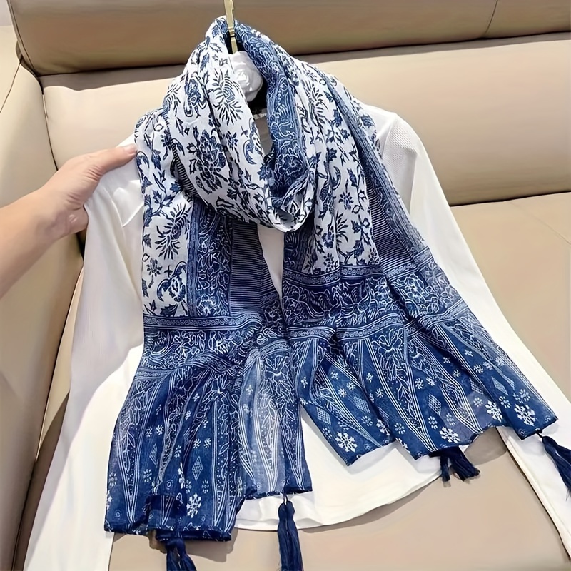 

Blue Print Bali Yarn Scarf Thin Breathable Tassel Shawl Boho Style Windproof Sunscreen Travel Scarf