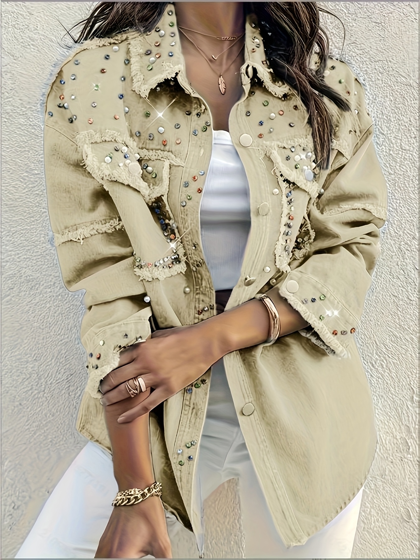 Giacca in Denim Beige da Donna con Decorazioni a Strass */* Casual,  100% Poliestere, Lavaggio a Abbigliamento Versatile per Look Informale