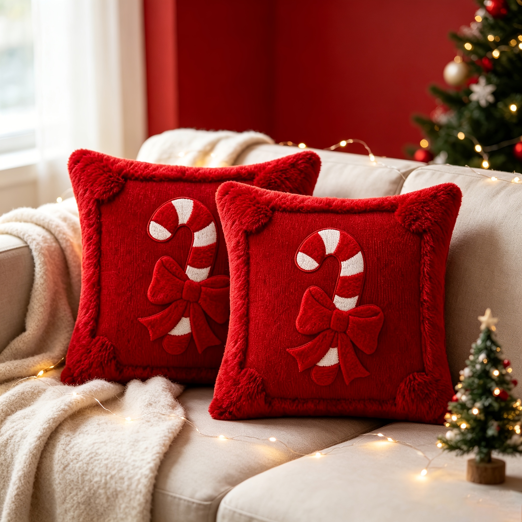 TEMU 2pcs Christmas Decoration Pillow Cover 18x18 Inches, Plush Christmas Candy Ribbon Decoration Pillowcase, Soft And Comfortable Cushion Cover,