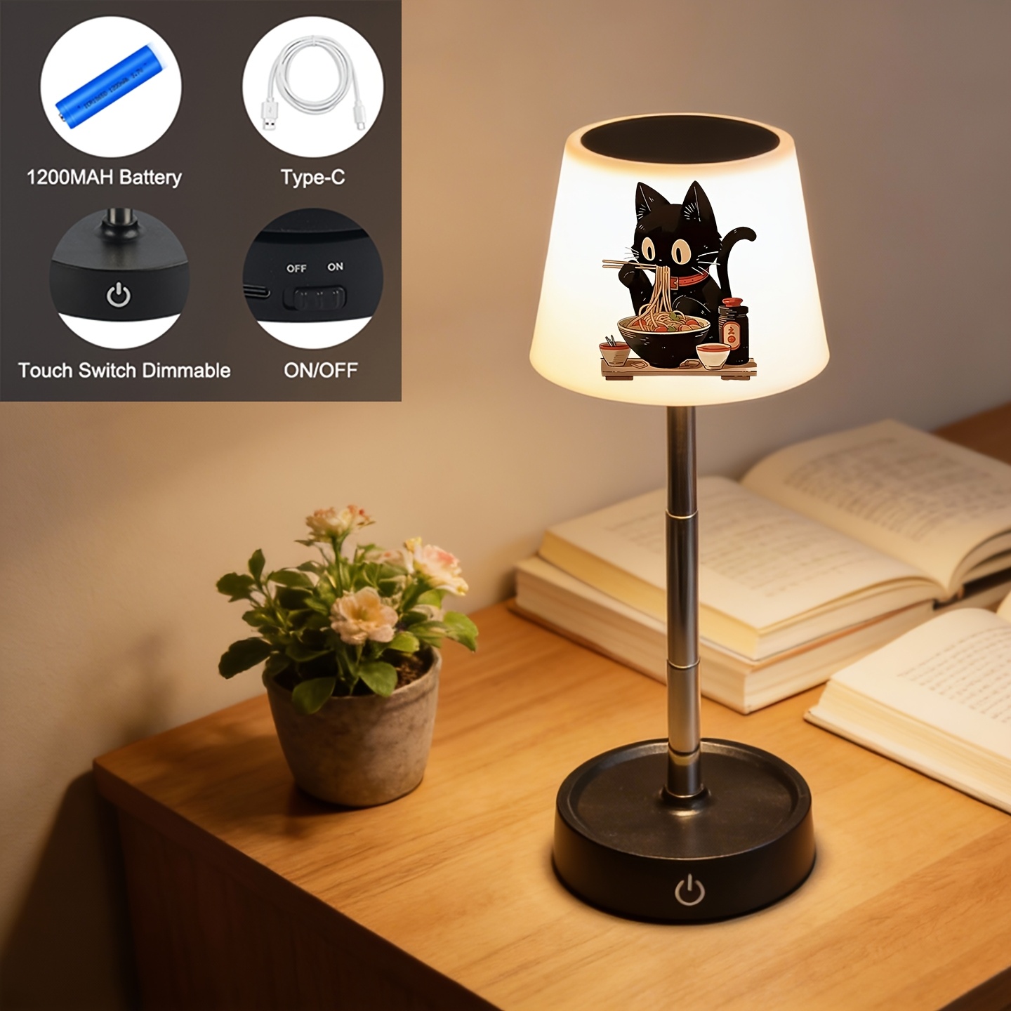 Rechargeable Desk Lamp with Cat Eating Noodles Design