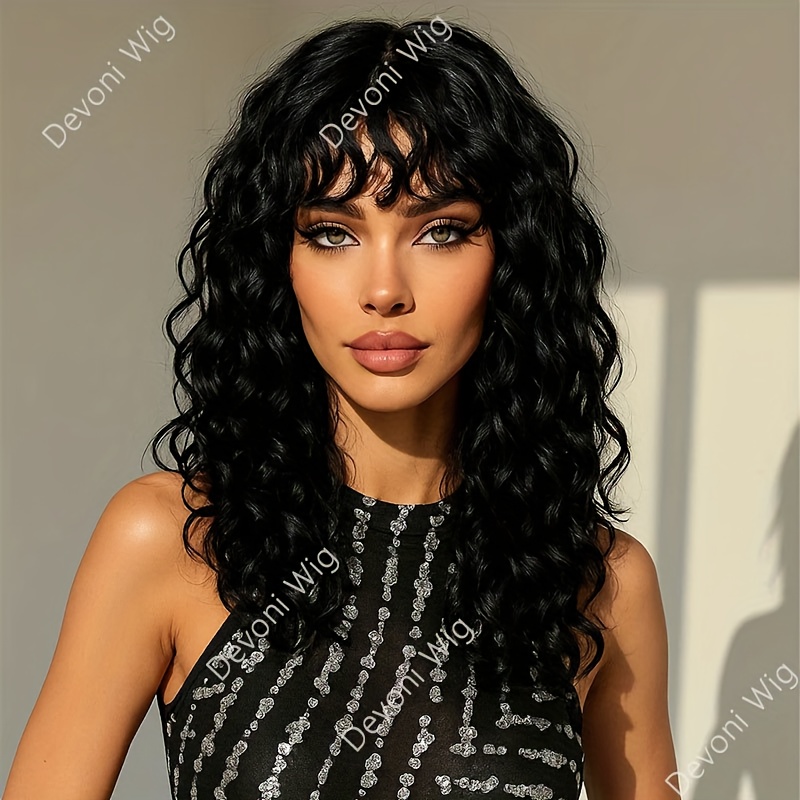 TEMU Glueless Human Hair Wig With Bangs - Long Curly Hair Wigs Suitable For Daily Wear, 250% Density, Rose For, Volume & Soft Waves, No Glue Needed, Wearable For Women