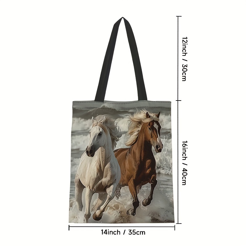 TEMU 1pc, Horses Pattern Large Capacity Canvas Tote Bag, Portable Reusable Shopping Bag, Perfect Handbag Shoulder Bag For Travel, Beach