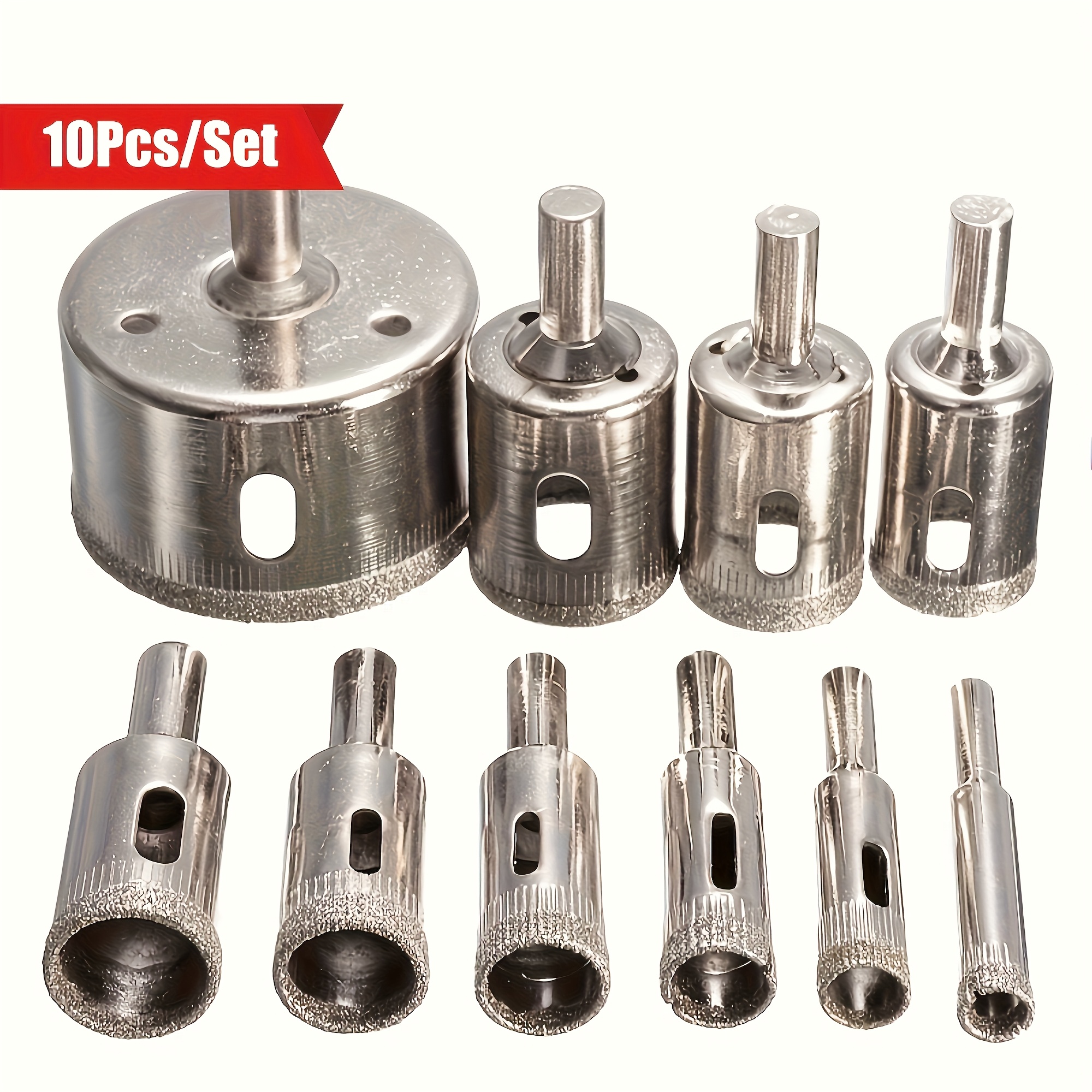 10 piezas Set de Sierra de Diamante con Bits de 6-32mm para Perforación de Vidrio, Fixture Guía con Copa de Sución para Perforación de Núcleo Hollow - Adecuado para Tile/Marble/Vidrio/Ceramic/Granite/Porcelain - Perforación de Presición con Edge Coated de Diamante