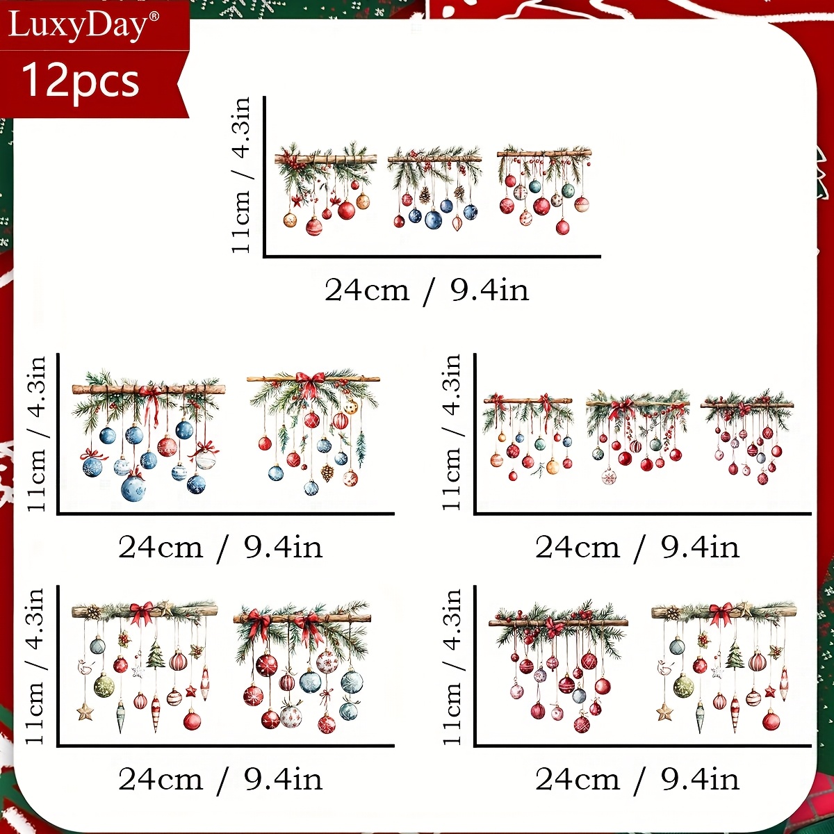 Image of 12pcs Christmas Decor Theme Rub Ons Transfer Stickers Set - Multipurpose Durable Transfer Decals, Christmas Hanging Stickers For Furniture, Glass, Easy To Apply, Brand