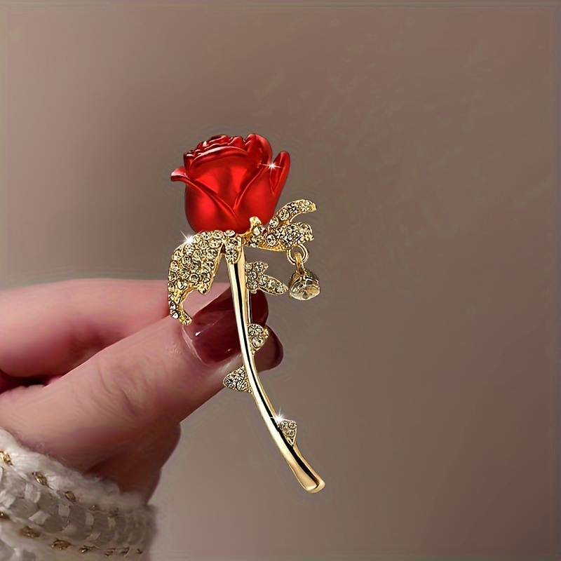 Image of Fashionable, , Exquisite, Full-sparkle, Full-rhinestone Red Rose Teardrop Brooch, Corsage, Clothing Pin, High-end Accessory
