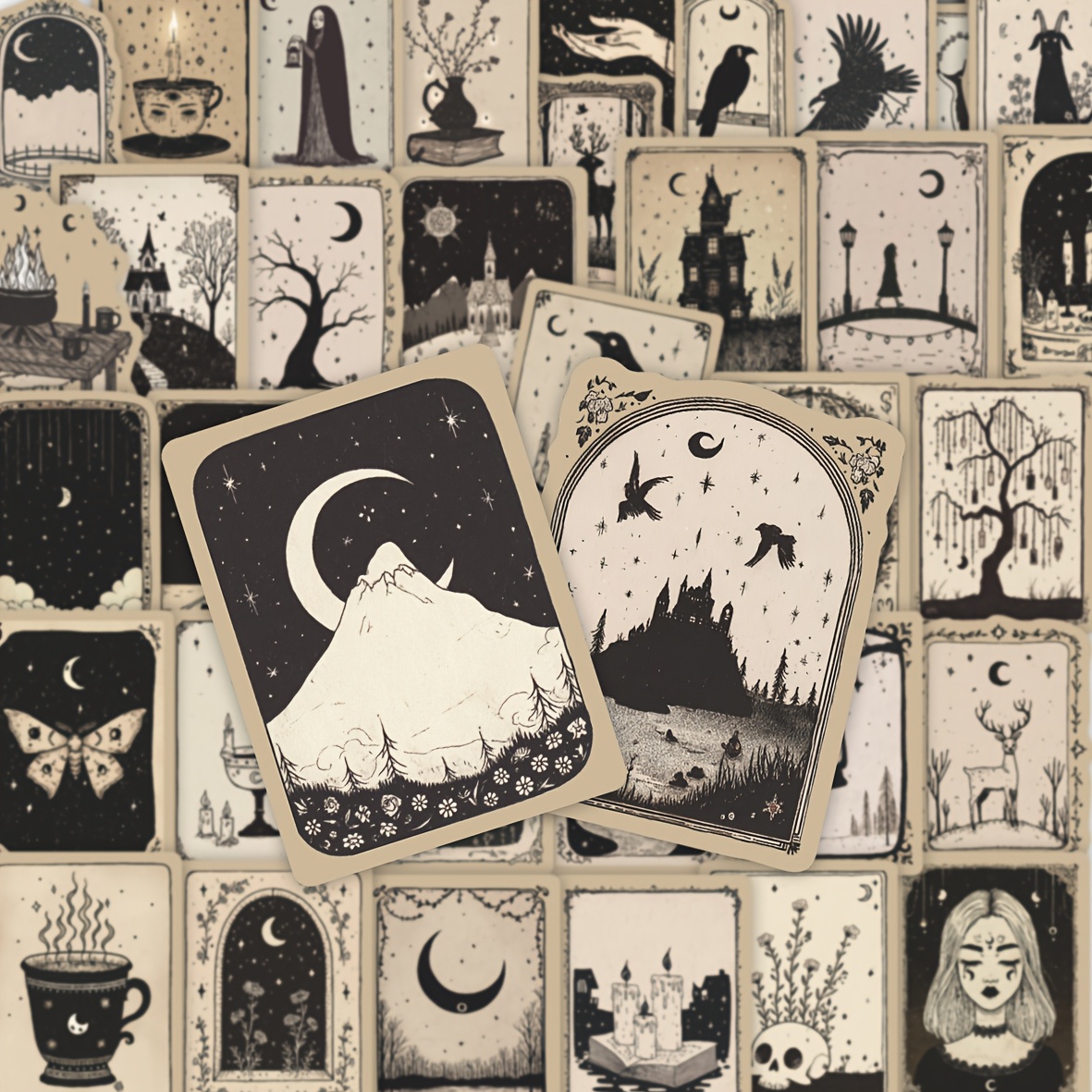 Image of 50pcs Dark-tone Mystical Stickers Pack — Gothic-themed Vinyl Decals For Laptop, Water Bottle, Bag — Ideal For Gothic Enthusiasts, Aesthetic Fans & Mystical Style Lovers