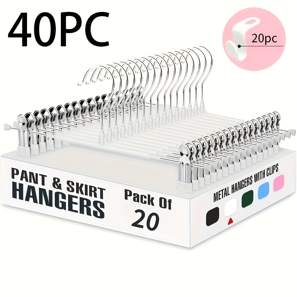 TEMU Lot de 40 pièces : 20 cintres métalliques robustes et réglables pour pantalons avec pinces antidérapantes + 20 crochets de cintre, cintres